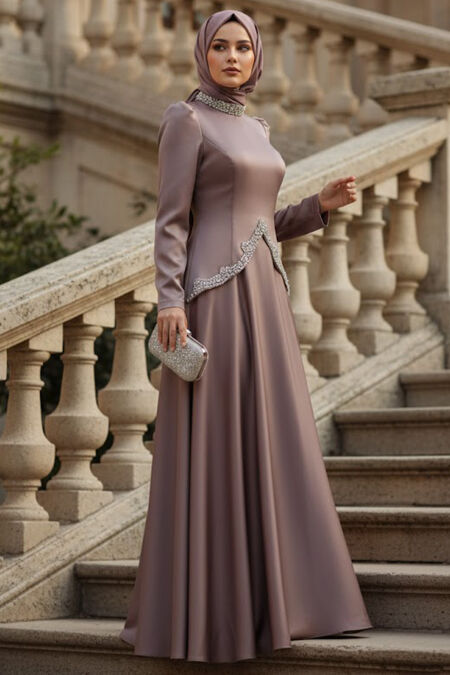 Modest Evening Dress - Satin Dark Mink Modest Evening Dress 5459KV - 