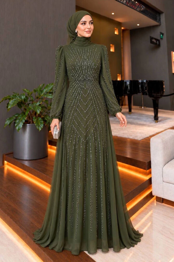 Modest Evening Dress - Satin Khaki Stone-Embellished Modest Evening Dress 56061HK - 