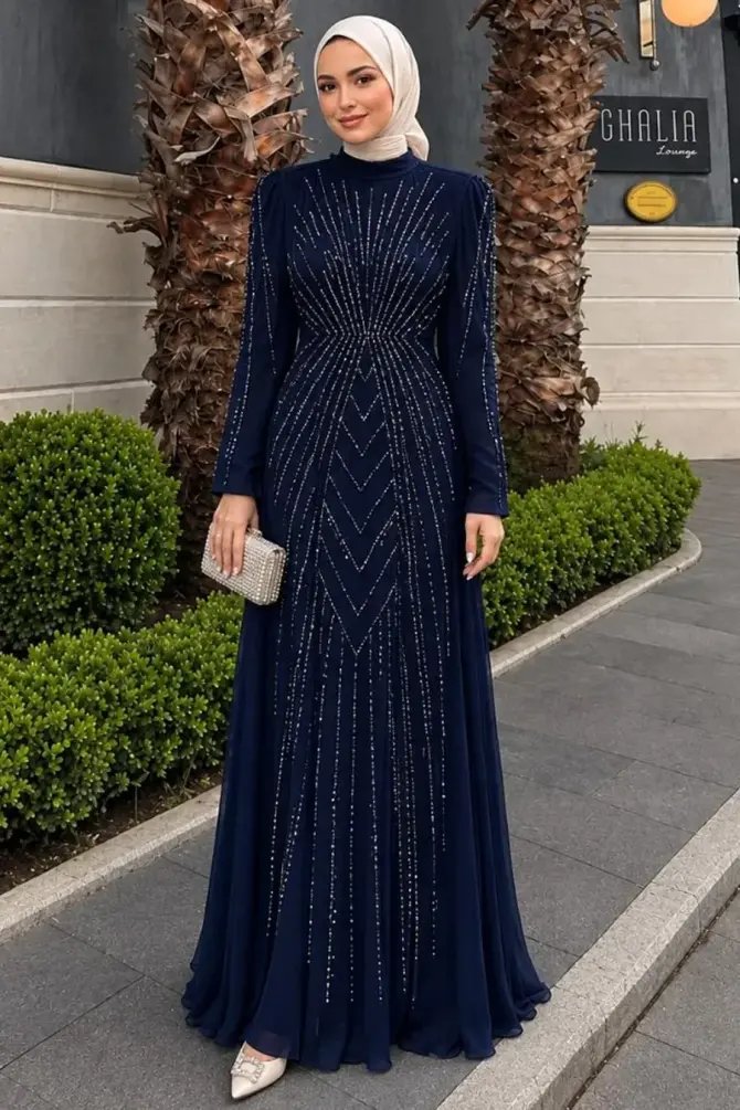 Modest Evening Dress - Satin Navy Blue Stone-Embellished Modest Evening Dress 56061L - 
