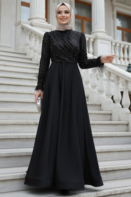 Modest Evening Dress - Sequin Bead Embroidered Black Modest Evening Dress 47963S - 