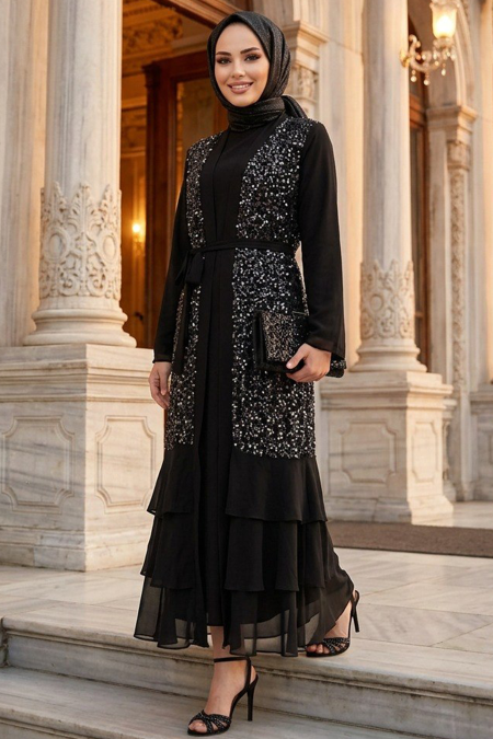 Modest Evening Dress - Sequin Bead Embroidered Black Modest Evening Dress 48162S - 