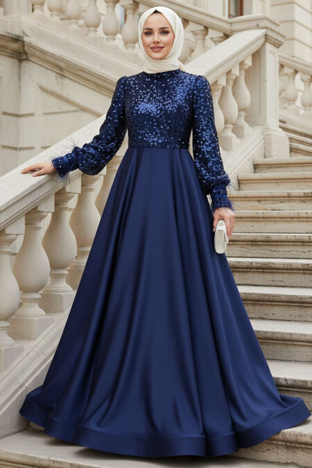 Modest Evening Dress - Sequin Bead Embroidered Navy Blue Modest Evening Dress 47963L - 