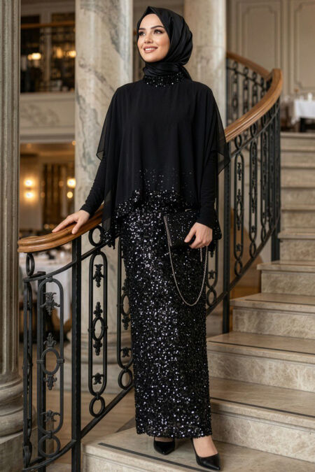 Modest Evening Dress - Sequin Detail Black Modest Evening Dress 48282S - 