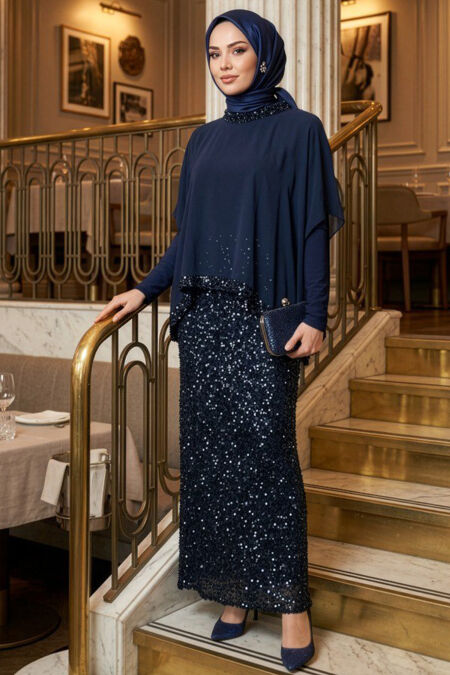 Modest Evening Dress - Sequin Detail Navy Modest Evening Dress 48282L - 