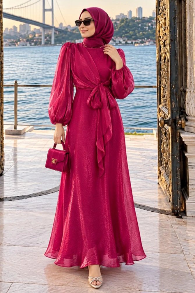 Modest Evening Dress - Side Tie Detail Burgundy Modest Evening Dress 62191BR - 