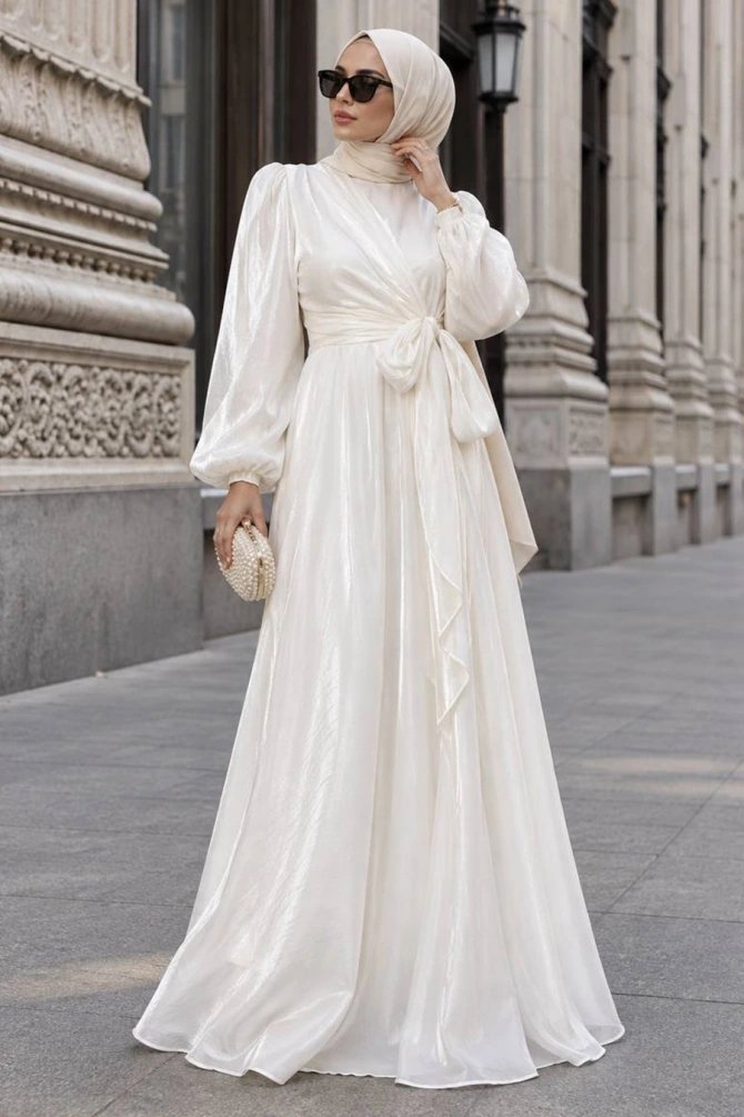 Modest Evening Dress - Side Tie Detail Ecru Modest Evening Dress 62191E - 