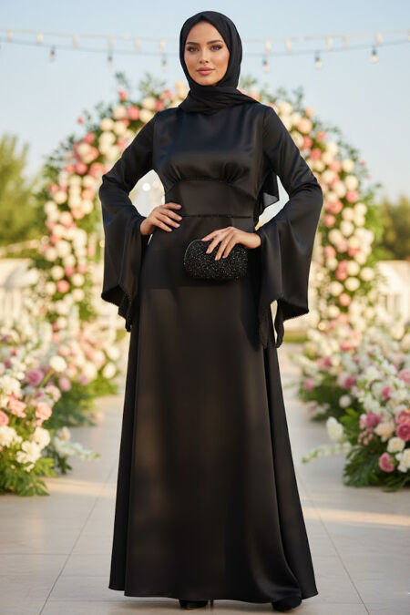 Modest Evening Dress - Spanish Sleeve Black Modest Satin Evening Dress 6258S - 