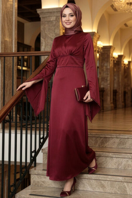 Modest Evening Dress - Spanish Sleeve Claret Red Modest Satin Evening Dress 6258BR - 