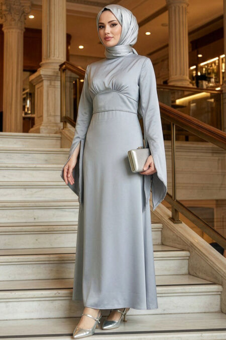 Modest Evening Dress - Spanish Sleeve Grey Modest Satin Evening Dress 6258GR - 