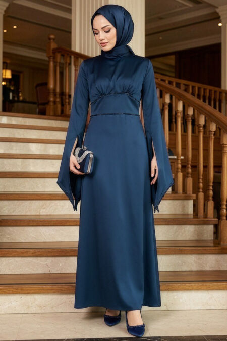 Modest Evening Dress - Spanish Sleeve Navy Blue Modest Satin Evening Dress 6258L - 