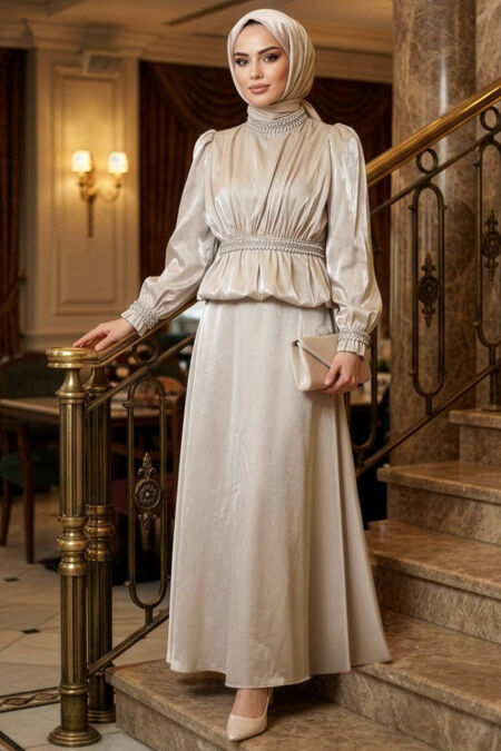 Modest Evening Dress - Stone Bead Detail Beige Modest Evening Dress 4879BEJ - 