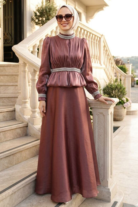 Modest Evening Dress - Stone Bead Detail Dark Salmon Modest Evening Dress 4879KSMN - 