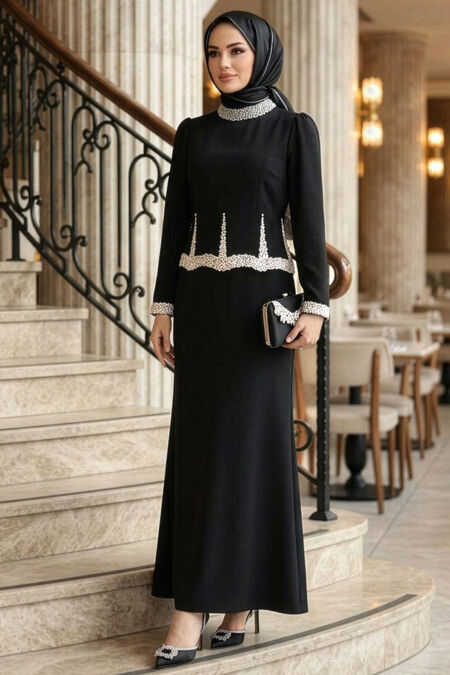 Modest Evening Dress - Stone Bead Embroidered Black Modest Evening Dress 4861S - 