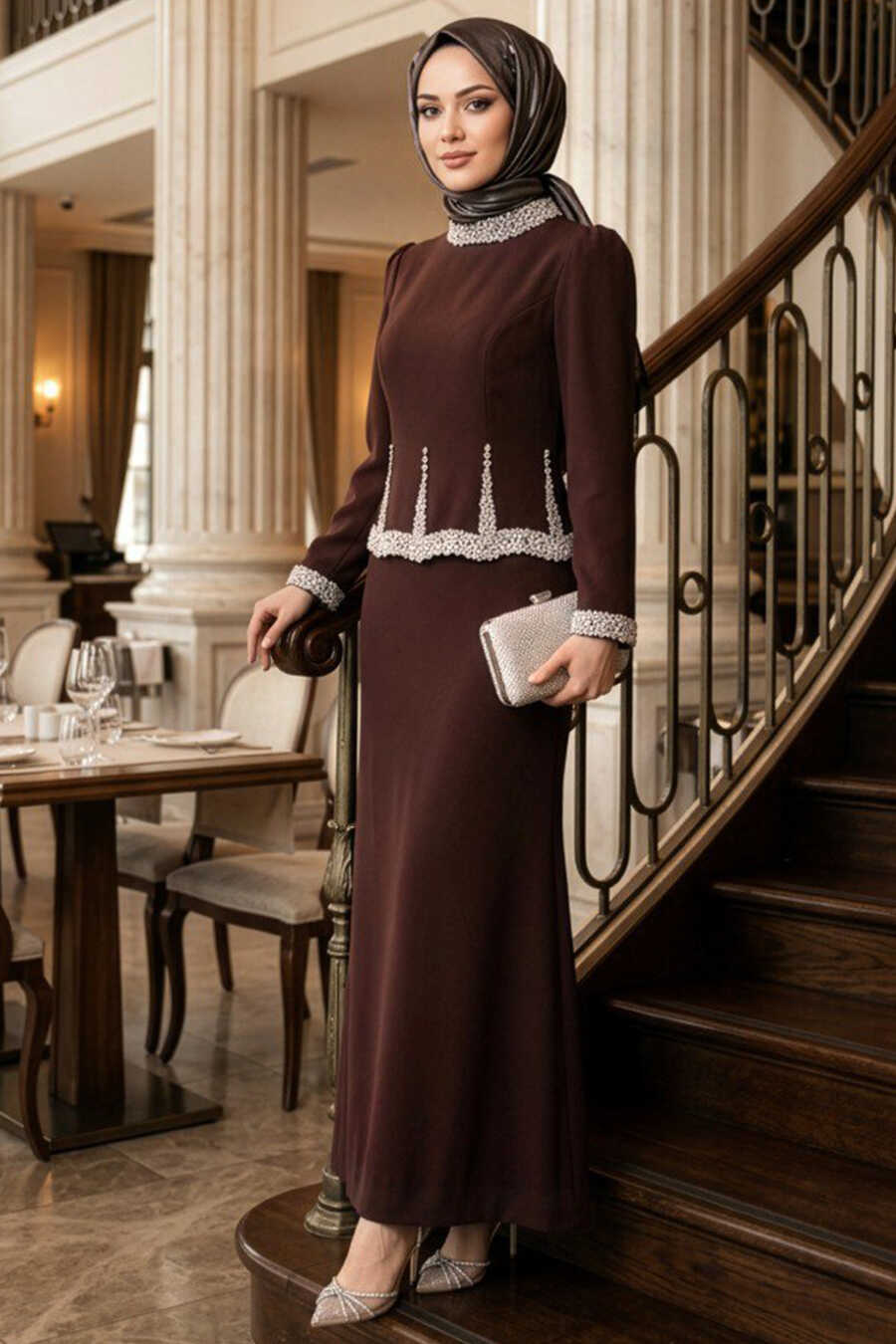 Modest Evening Dress - Stone Bead Embroidered Brown Modest Evening Dress  4861KH - Neva-style.com