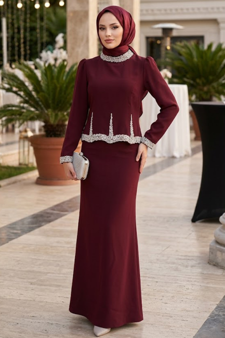Modest Evening Dress - Stone Bead Embroidered Burgundy Modest Evening Dress 4861BR - 