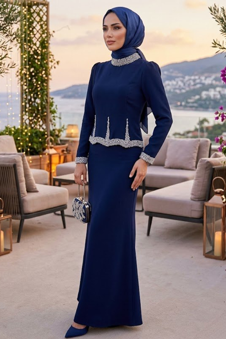 Modest Evening Dress - Stone Bead Embroidered Navy Modest Evening Dress 4861L - 
