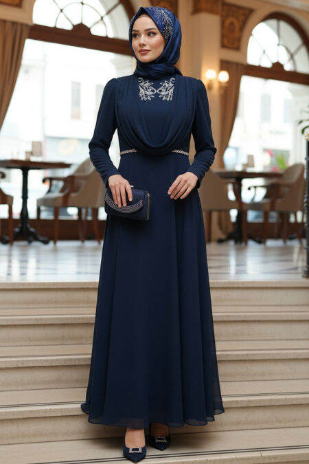 Modest Evening Dress - Stone Detail Navy Modest Evening Dress 4838L - 