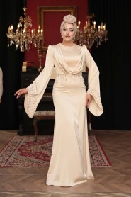 Modest Evening Dress - Stone Embellished Beige Satin Modest Evening Dress 5337BEJ - 1