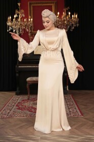 Modest Evening Dress - Stone Embellished Beige Satin Modest Evening Dress 5337BEJ - 2