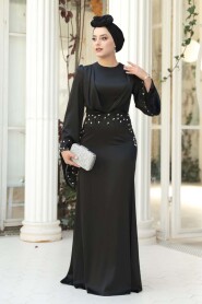 Modest Evening Dress - Stone Embellished Black Satin Modest Evening Dress 5337S - 2