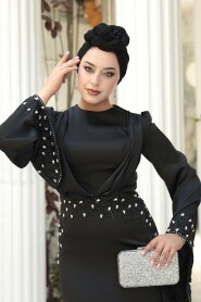 Modest Evening Dress - Stone Embellished Black Satin Modest Evening Dress 5337S - 4