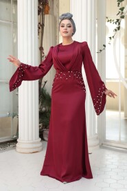 Modest Evening Dress - Stone Embellished Burgundy Satin Modest Evening Dress 5337BR - 2
