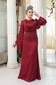Modest Evening Dress - Stone Embellished Burgundy Satin Modest Evening Dress 5337BR - 3
