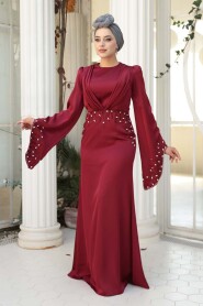 Modest Evening Dress - Stone Embellished Burgundy Satin Modest Evening Dress 5337BR - 1