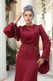 Modest Evening Dress - Stone Embellished Burgundy Satin Modest Evening Dress 5337BR - 5
