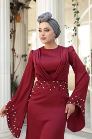 Modest Evening Dress - Stone Embellished Burgundy Satin Modest Evening Dress 5337BR - 6
