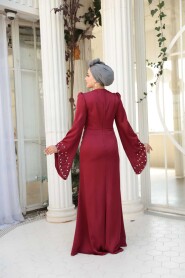 Modest Evening Dress - Stone Embellished Burgundy Satin Modest Evening Dress 5337BR - 7