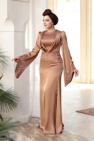 Modest Evening Dress - Stone Embellished Camel Satin Modest Evening Dress 5337C - 1