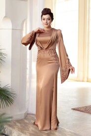 Modest Evening Dress - Stone Embellished Camel Satin Modest Evening Dress 5337C - 2