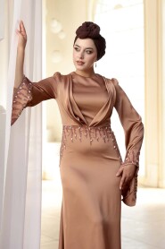 Modest Evening Dress - Stone Embellished Camel Satin Modest Evening Dress 5337C - 3