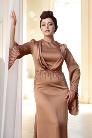 Modest Evening Dress - Stone Embellished Camel Satin Modest Evening Dress 5337C - 4