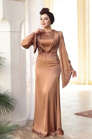 Modest Evening Dress - Stone Embellished Camel Satin Modest Evening Dress 5337C - 5