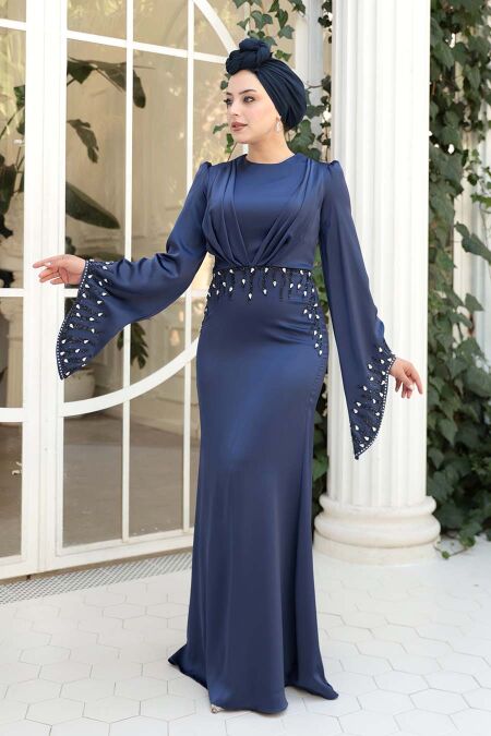 Modest Evening Dress - Stone Embellished Navy Satin Modest Evening Dress 5337L - NEVA STYLE