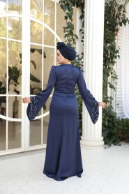 Modest Evening Dress - Stone Embellished Navy Satin Modest Evening Dress 5337L - 3