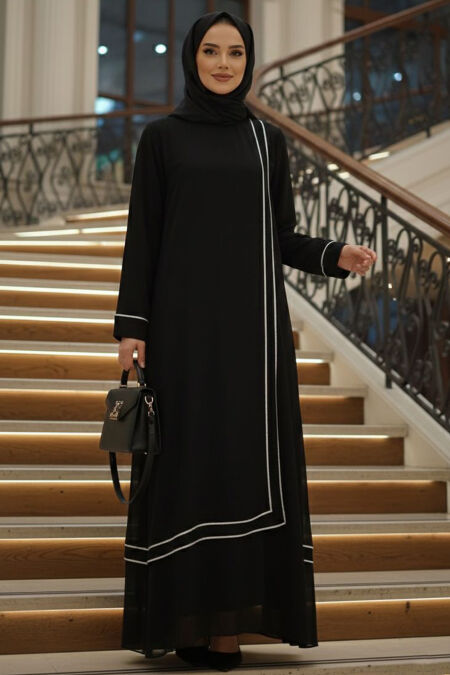 Modest Evening Dress - Stripe Detailed Black Modest Evening Dress 4874S - 