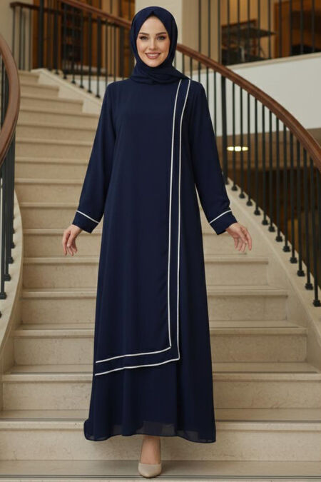 Modest Evening Dress - Stripe Detailed Navy Blue Modest Evening Dress 4874L - 