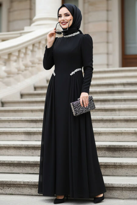 Modest Evening Dress - Tailed Black Modest Evening Dress 4868S - 