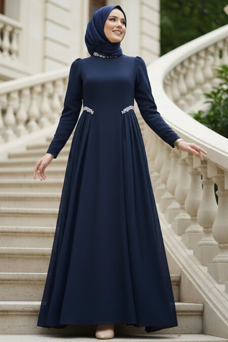 Modest Evening Dress - Tailed Navy Blue Modest Evening Dress 4868L - 