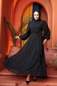 Modest Evening Dress - Tie Detailed Black Modest Evening Dress 62261S - 1