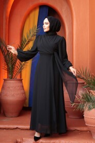 Modest Evening Dress - Tie Detailed Black Modest Evening Dress 62261S - 2