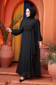 Modest Evening Dress - Tie Detailed Black Modest Evening Dress 62261S - 3