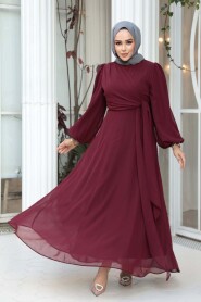 Modest Evening Dress - Tie Detailed Burgundy Modest Evening Dress 62261BR - 1