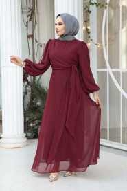 Modest Evening Dress - Tie Detailed Burgundy Modest Evening Dress 62261BR - 2