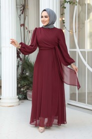 Modest Evening Dress - Tie Detailed Burgundy Modest Evening Dress 62261BR - 3