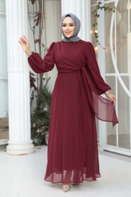 Modest Evening Dress - Tie Detailed Burgundy Modest Evening Dress 62261BR - 4