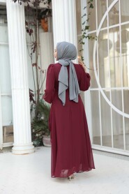 Modest Evening Dress - Tie Detailed Burgundy Modest Evening Dress 62261BR - 5